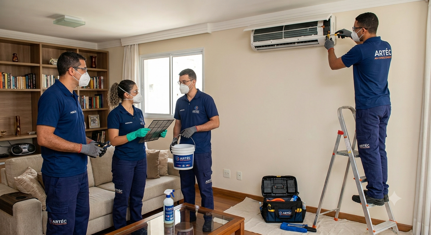 Técnicos da Artéc realizando limpeza e higienização de um ar-condicionado split em uma residência em Goiânia